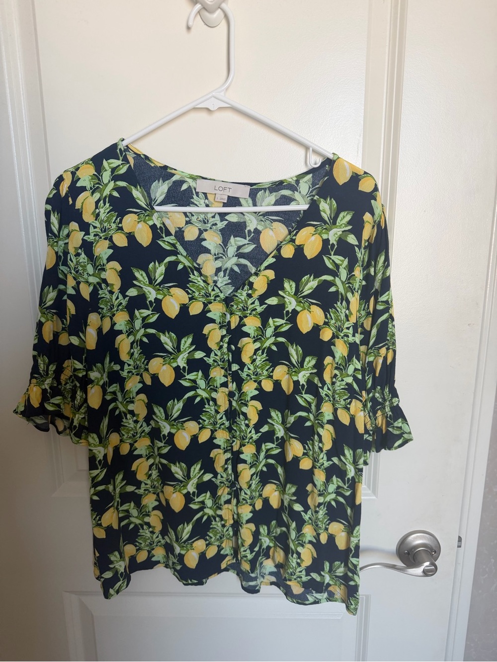 LOFT Navy Lemon-Print V-Neck Ruffle Sleeve Blouse